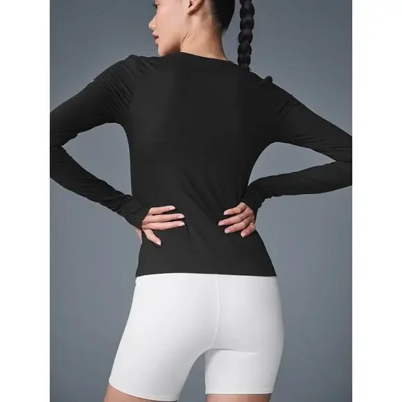 Alo Women's Alosoft Finesse Long Sleeve Top Activewear Yoga Athletic Dark Gray - Picture 2 of 10